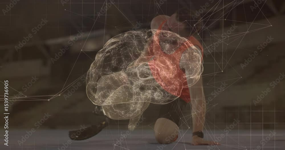 3D brain appearing driving athlete lifting in side plank showing brain signals in health tech