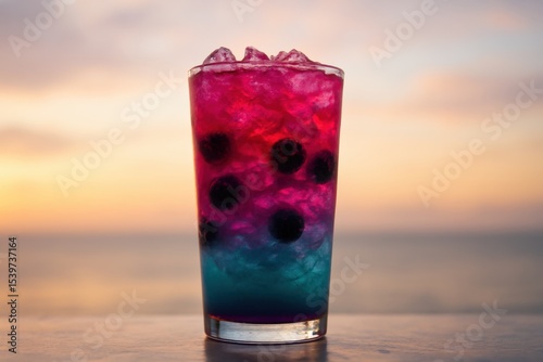 Vibrant cocktail with berries on sunset-lit oceanfront background