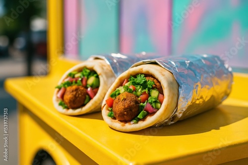 Falafel wraps with fresh vegetables and foil on yellow table near colorful background