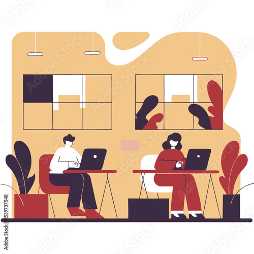 Illustration of a dynamic coworking office environment with individuals focused on their laptops, depicting a modern and collaborative workspace
