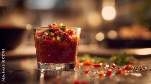 High-Definition Modern Culinary Scene Featuring a Glass Container with Smooth Red Sauce and Diced Peppers, Perfect for Gourmet Appreciation