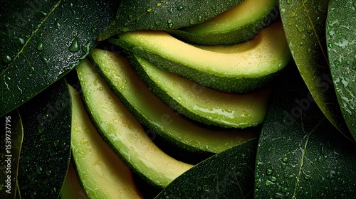 Surreal Still Life Composition of Precisely Sliced Avocado with Dewy Green Leaves and Artistic Macro Lighting Demonstrating Rich Organic Nutritional Benefits