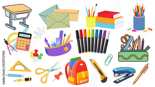 Illustration of various school supplies including desk, books, and writing instruments spread out