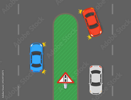 Traffic regulation rules. Top view of a traffic flow making a u-turn. "Gap in median" road sign on left side drive motorway. Flat vector illustration template.