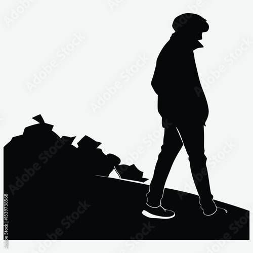 A silhouette of a person littering on the road, surrounded by scattered garbage and waste  design vector art and illustration