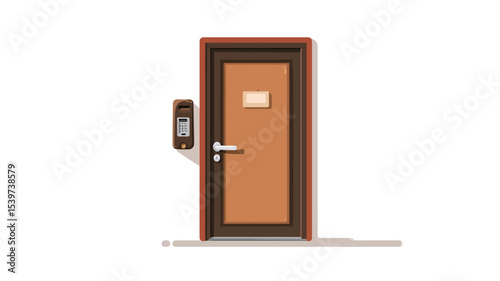 A digital illustration depicting a simple brown door. The door is rectangular with a dark brown frame. A small, rectangular keypad is mounted on the wall next to the door.  