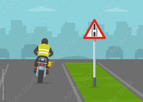Traffic regulation rules. Back view of a motorcycle rider making a u-turn. "Gap in median" road sign on left side drive motorway. Flat vector illustration template.