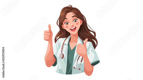 A digital illustration depicting a close-up portrait of a young woman with shoulder-length brown hair. She is wearing a white doctor's coat over a teal medical scrub top, and a stethoscope is