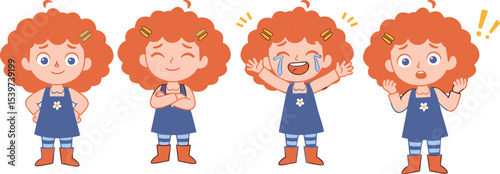Emotional Cartoon Girl with Red Hair, Expressing Various Emotions: Happy, Surprised, Crying, and Confused