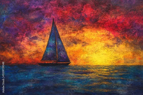 A sailboat glides across a vibrant ocean under a fiery sunset sky, painting a scene of tranquil beauty.