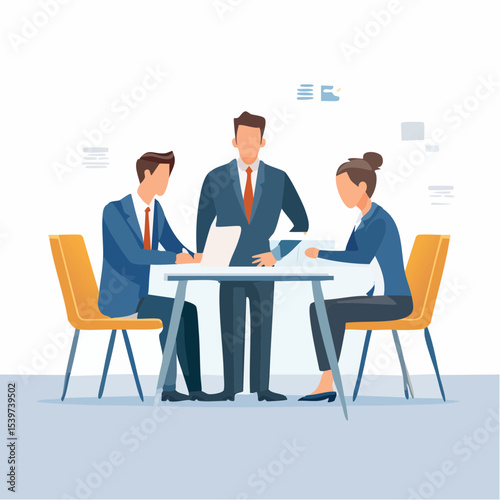 flat vector of three business people sitting at a round table discussing a work agreement, modern office background