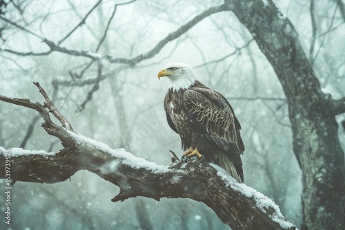 A majestic bald eagle perched on a snow-covered branch in a wintery forest.