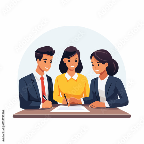 office scene with three diverse coworkers discussing terms of employment, flat vector style