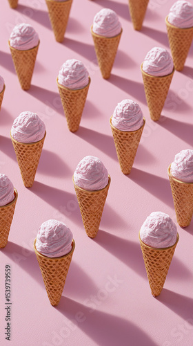 Ice cream cone pattern. Pattern background with ice cream. Ice cream in waffle cone on pink background.