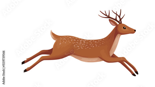 Digital illustration of a brown deer with antlers running or leaping. The deer is depicted in a side profile view against a pure white background.  The style is cartoonish or stylized