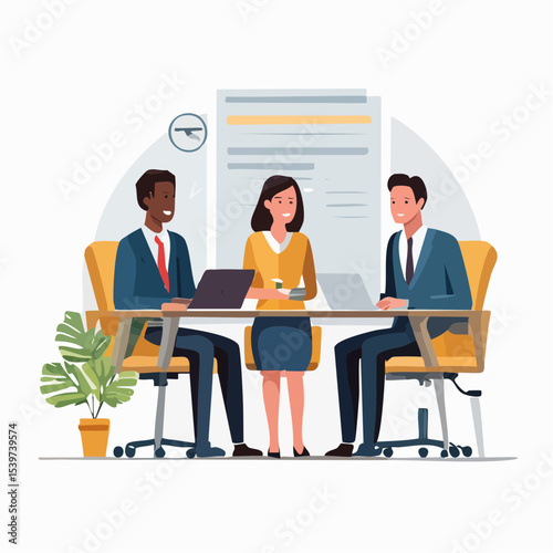 design of a team of three professionals negotiating a job agreement, one pointing at a paper contract