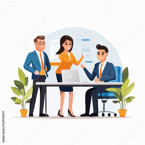 office scene with three diverse coworkers discussing terms of employment, flat vector style