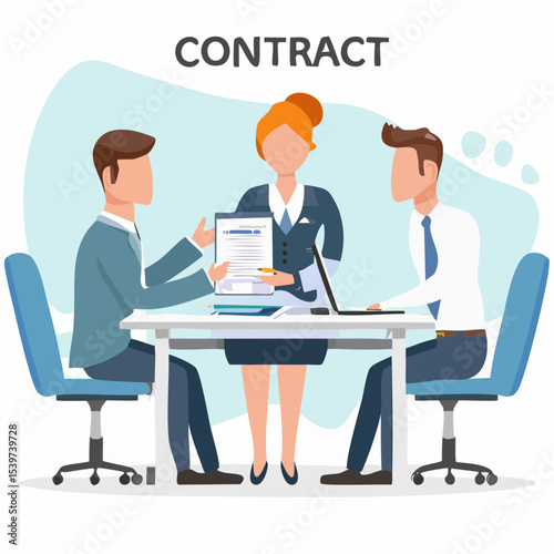 design of a team of three professionals negotiating a job agreement, one pointing at a paper contract