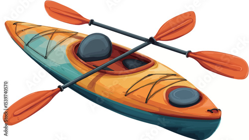 A digital illustration of a kayak with two paddles. The kayak is predominantly yellow and orange with teal accents.  The paddles are orange with dark brown handles. 