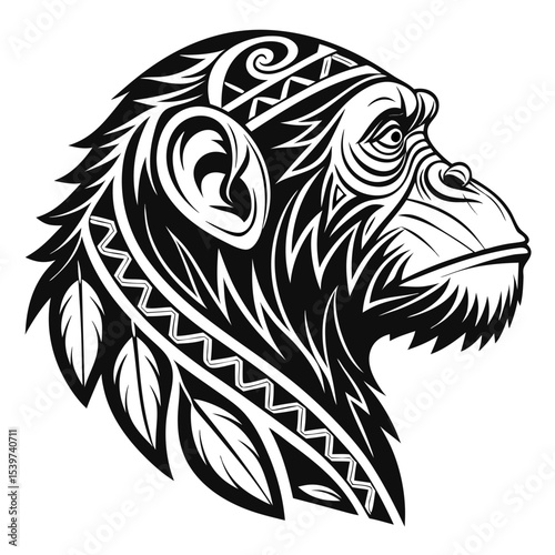 Tribal Monkey Head Vector – Stylized Primate Tattoo Design Illustration

