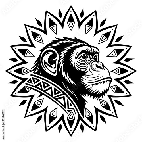 Tribal Monkey Head Vector – Stylized Primate Tattoo Design Illustration

