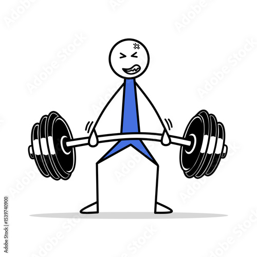 Funny stickman vector illustration lifting heavy barbell, perfect for fitness content, workout posters, and gym-themed designs