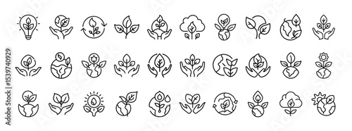 Collection of Floral and Botanical Line Icons – Elegant Flower, Plant, and Leaf Outline Symbol Pack