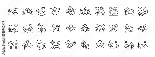 Collection of Nature and Tree Line Icons – Botanical, Forest, and Plant Elements Outline Pack