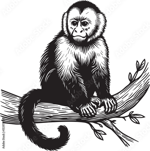 Capuchin Monkey Simple Black and White Vector Illustration