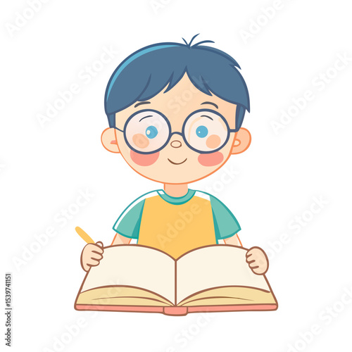 Minimalist and flat vector child crayon drawing of boy with reading glasses and open textbook featuring simple color palette. Background is plain white. Handmade sketch