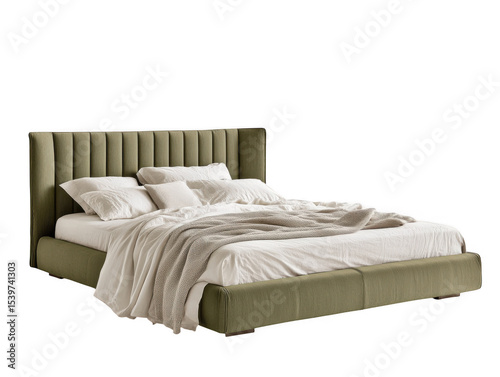 Modern olive green upholstered bed isolated on transparent background