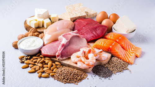 An assortment of high-protein foods including meats, fish, eggs, nuts, seeds, dairy, and legumes arranged on a white background. AI generated.
