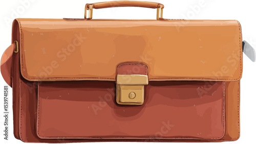 A digital illustration of a vintage-style leather briefcase. The briefcase is predominantly brown and orange, appearing to be made of leather. It features a top handle
