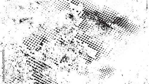 Abstract Black and White Grunge Texture with Distressed Halftone Dots and Irregular Splashes creating a high contrast overlay effect ideal for backgrounds or design elements