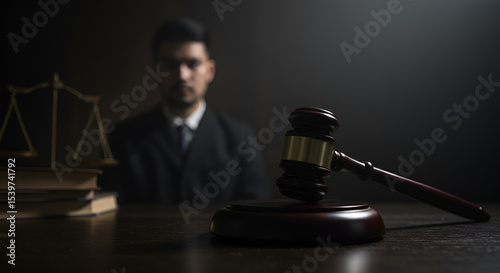 Conceptual Courtroom Scene Showing Accusation with Gavel and Blurred Accused