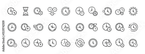 Set of Clock and Time Management Icons – Line Style Hourglass, Stopwatch, and Timer Symbol Collection