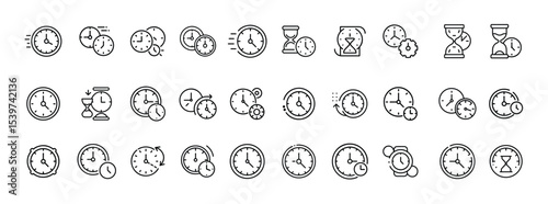 Set of Clock and Time Management Icons – Line Style Hourglass, Stopwatch, and Timer Symbol Collection