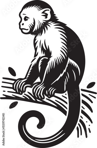 Capuchin Monkey Simple Black and White Vector Illustration