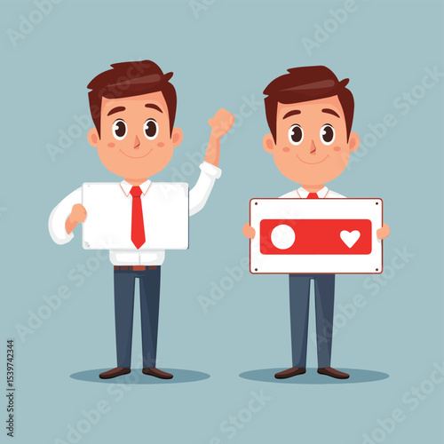 Businessman holding signboard, Positive and negative signs.true, false,do, don't.flat vector cartoon character illustration