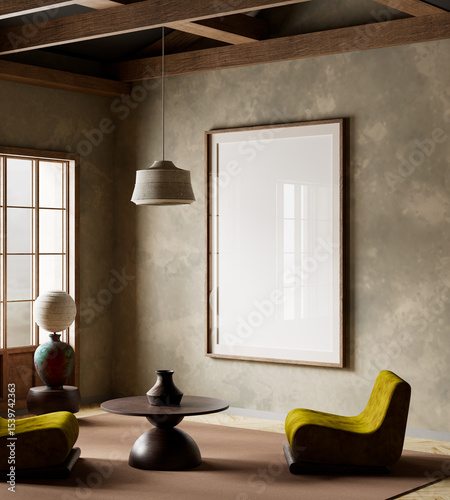 A harmonious blend of modern comfort and traditional Japanese aesthetics in a tranquil living room. 3D illustration