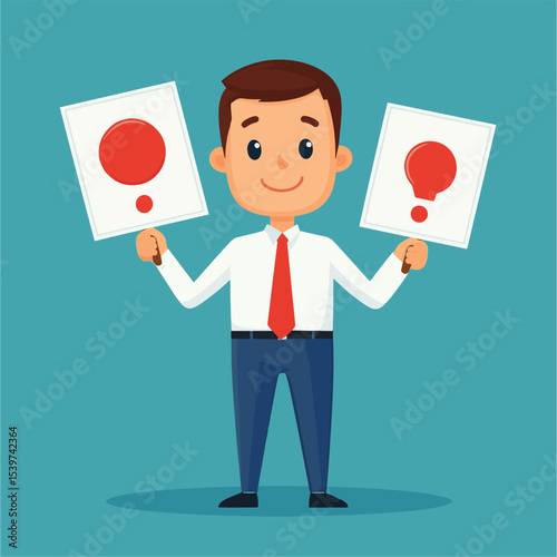 Businessman holding signboard, Positive and negative signs.true, false,do, don't.flat vector cartoon character illustration