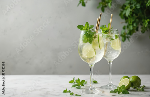 Refreshing summer cocktail with white wine, soda, mint, lime. Cold drink in glasses on light marble background. Hugo spritz with ice cubes, citrus fruit, golden straw. Seasonal beverage.