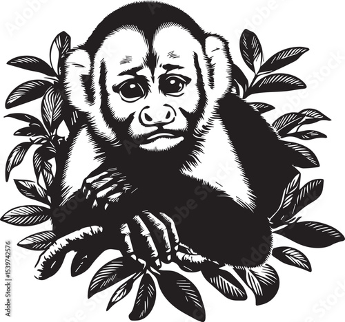 Capuchin Monkey Simple Black and White Vector Illustration
