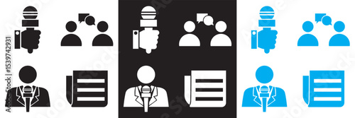 Journalism icon . Vector for Microphone, journalist,  reporter,  interview, newspaper etc. isolated on white and black background. Vector illustration. EPS 10