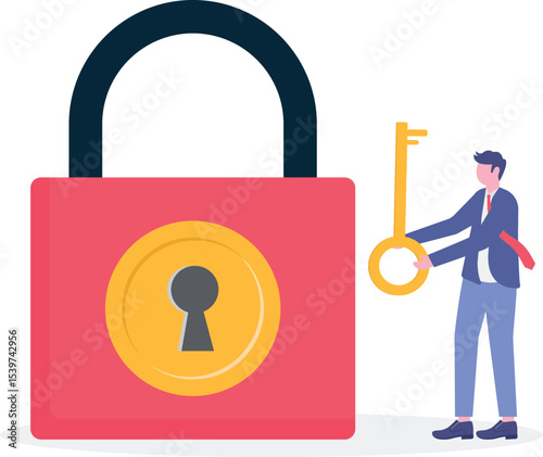 smart businesswoman investor holding huge golden key to unlock coin keyhole
