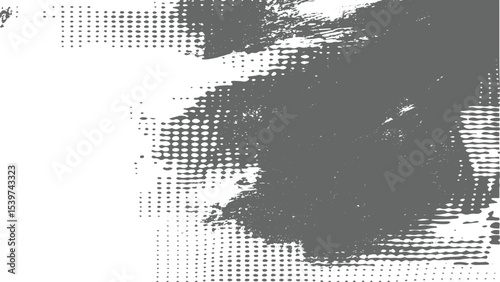 Abstract grayscale background featuring a blend of textured gray paint strokes and halftone dot patterns creating a dynamic interplay of light and dark areas with varying densities