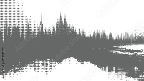Abstract grayscale cityscape illustration featuring a textured halftone pattern a distressed grunge effect and a dramatic skyline silhouette with varying heights and densities of