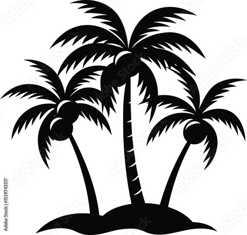 Three Palm Trees on a Tropical Island Silhouette in Black and White