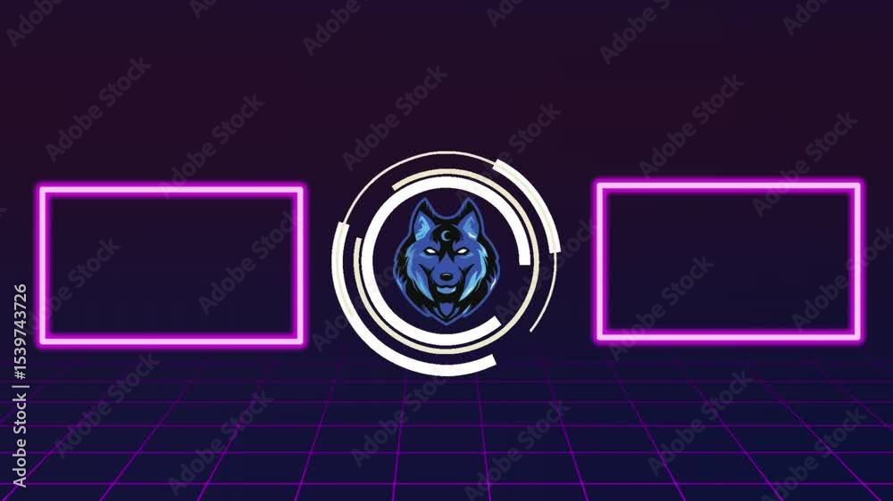 Retro Gaming Intro Template: Neon geometric shapes, a stylized wolf logo in a futuristic circular design, and empty frames perfect for adding text or images.Glowing Blue Digital Background with Futuri