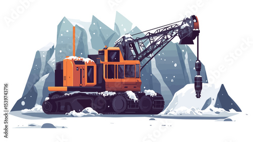 A digital illustration depicts an orange crawler crane positioned on a snowy landscape against a backdrop of snow-covered mountains. The crane is detailed, showcasing its tracks